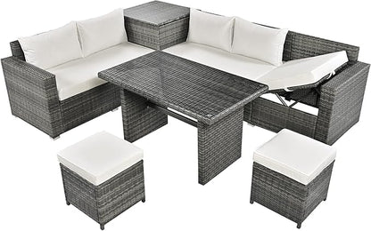 Outdoor Furniture 6-Piece Patio Sofa Set, All Weather PE Rattan Sectional Couch with Tempered Glass Dining Table, Adjustable Seat, Storage Box&Removable Covers, for Garden Backyard, 1, Beige
