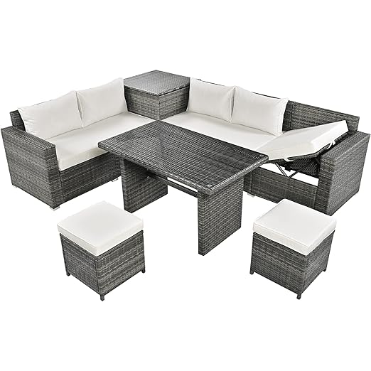 6-Piece Patio Furniture Set, L-Shaped Outdoor PE Wicker Rattan Sectional ConversationSet with Adjustable Seat, Storage Box, Removable Covers and Tempered Glass Top Table, for Backyard