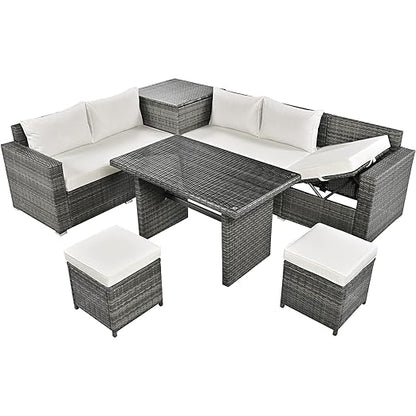 6-Piece Patio Furniture Set, L-Shaped Outdoor PE Wicker Rattan Sectional ConversationSet with Adjustable Seat, Storage Box, Removable Covers and Tempered Glass Top Table, for Backyard