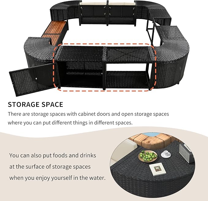 Outdoor Spa Surround Set Patio Furniture with Storage Space, Wood Seatings and Waterproof Cushions, Quadrilateral Rattan Sectional Sofa, for Backyard Deck Poolside, Onesize, Beige