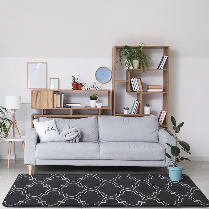 Chicrug Shag Geometric Modern Runner Rug for Bedroom, 2x6 Feet Memory Foam Indoor Hallway Runner Carpet, Fluffy Rug for Living Room Bedside Room Decor for Family, Dark Grey/White