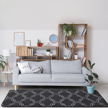 Chicrug Shag Geometric Modern Runner Rug for Bedroom, 2x6 Feet Memory Foam Indoor Hallway Runner Carpet, Fluffy Rug for Living Room Bedside Room Decor for Family, Dark Grey/White