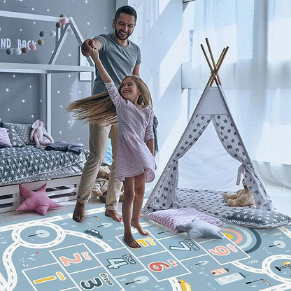 Kids Rug Play Mat, Car Rug, Hopscotch Rug, Hopscotch Mat for Kids, Can Be Used to Play with Cars Kids Carpet Play Mat,(Blue,160×230cm/63×91IN)