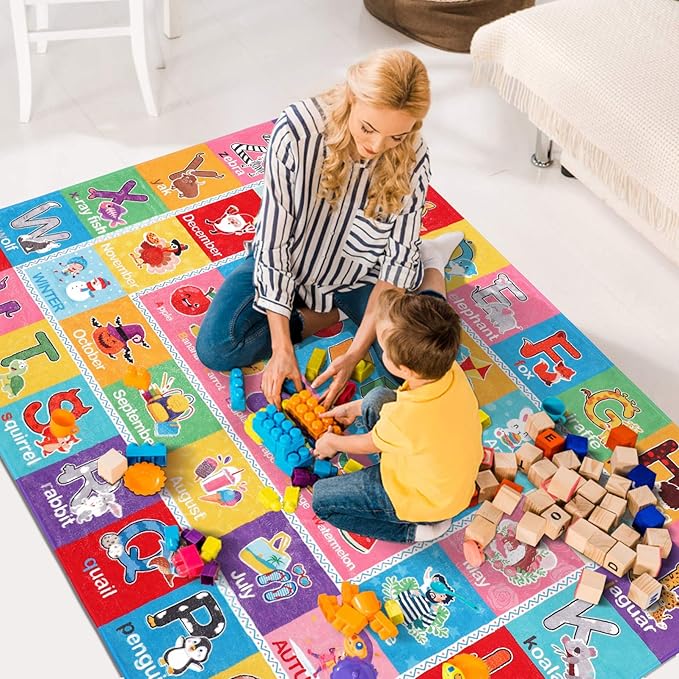 IMIKEYA Play Rugs Playroom Mat with Colorful Pattern, Playtime Collection ABC Alphabet, Seasons, Months, Fruit and Shapes Playmat Educational Rug for Kids Playroom Bedroom, 55 x 43.3 Inch
