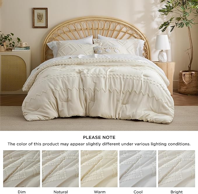 Bedsure Boho Comforter Set King - Beige Tufted Bedding Comforter Set, 3 Pieces Farmhouse Shabby Chic Embroidery Bedding Set, Soft Geometric Pattern Comforter for All Seasons