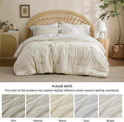 Bedsure Boho Comforter Set Queen - Beige Tufted Bedding Comforter Set, 3 Pieces Farmhouse Shabby Chic Embroidery Bedding Set, Soft Geometric Pattern Comforter for All Seasons