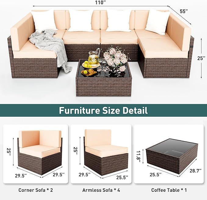 Pamapic Patio Furniture Set, 7 Pieces Modular Outdoor Sectional, Patio Sectional Sofa Conversation Set, Rattan Sofa with Coffee Table and Washable Cushions Covers, Brown Rattan and Beige Cushions