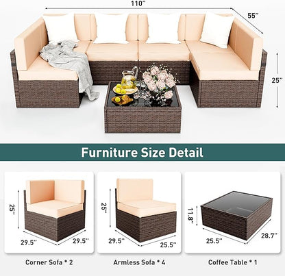 Pamapic Patio Furniture Set, 7 Pieces Modular Outdoor Sectional, Patio Sectional Sofa Conversation Set, Rattan Sofa with Coffee Table and Washable Cushions Covers, Brown Rattan and Beige Cushions