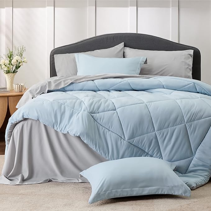 Bedsure Sky Blue King Size Comforter Set - 7 Pieces Reversible King Bed in a Bag King Bed Set with Comforters, Sheets, Pillowcases & Shams, King Bedding Sets
