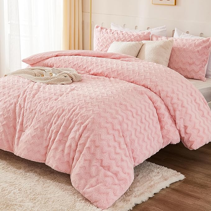 Andency Pink Fleece Comforter Set Full, 3 Pieces Fuzzy Shaggy Plush Sherpa Bedding Comforter Set Women Girls, Solid Fluffy Faux Fur Bed Comforter Set for Winter
