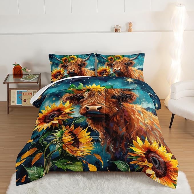 HOSIMA Highland Cow Comforter Set,Western Farmhouse Animals Cow and Sunflower Print Bedding Set 3Pcs with 2 Pillowcases,Galaxy Star Moon Comforter,Floral Comforter Twin Bed in a Bag.