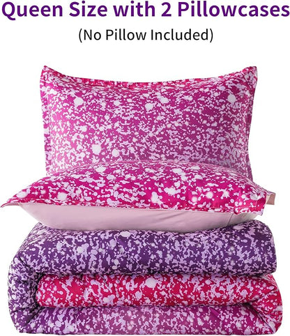 Litanika Galaxy Comforter Queen(90x90lnch), 3 Pieces(1 Purple Glitter Ombre Comforter, 2 Pillowcases), 3D Colorful Rainbow Bedding Set, Microfiber Comforter Set for Kid Boy Girl Teen
