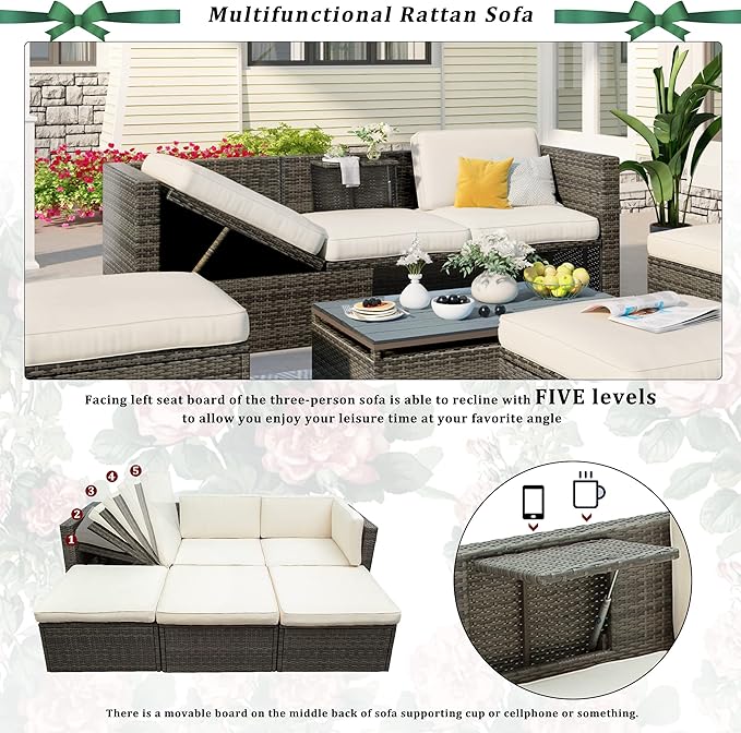 5 Pieces Patio Furniture Sets All Weather Wicker Rattan Sectional Sofa Outdoor Conversation with Adustable Backrest, Cushions, Ottomans and Lift Top Coffee Table for Poolside, Garden, Backyard