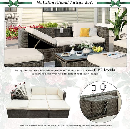 5 Pieces Patio Furniture Sets All Weather Wicker Rattan Sectional Sofa Outdoor Conversation with Adustable Backrest, Cushions, Ottomans and Lift Top Coffee Table for Poolside, Garden, Backyard