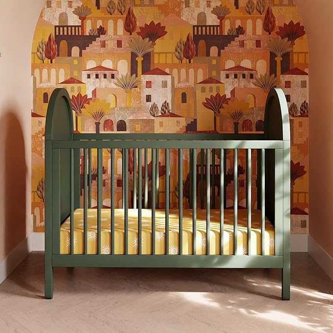 babyletto Bondi Cane 3-in-1 Convertible Crib with Toddler Bed Conversion Kit in Forest Green with Natural Cane, Greenguard Gold Certified