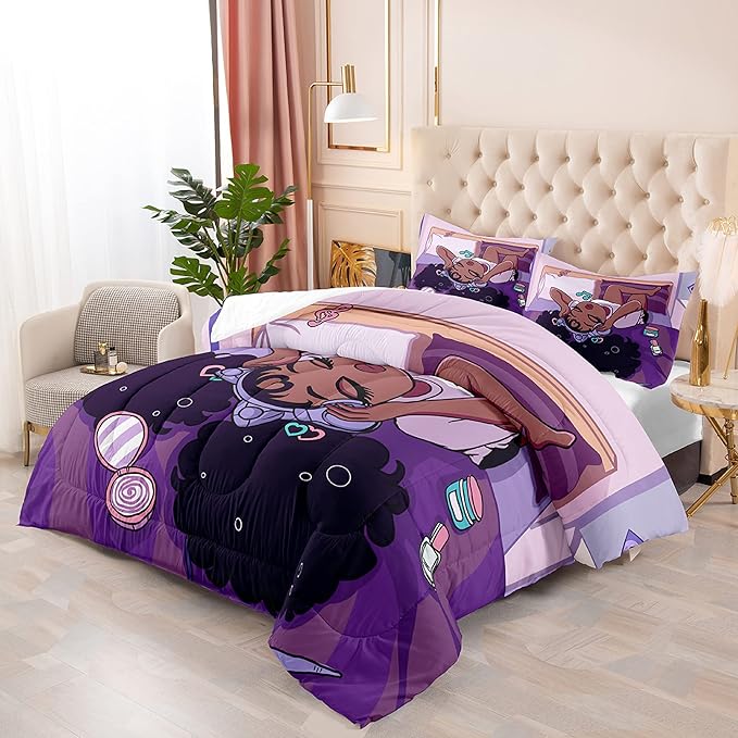 Black Girls Magic Comforter Sets, African American Girl Love Music Purple Designs Soft Fluffy Comforter Duvet, Full Size Afro Pretty Girls Comforter Set for Teens Kids Princess Cute Room Decor