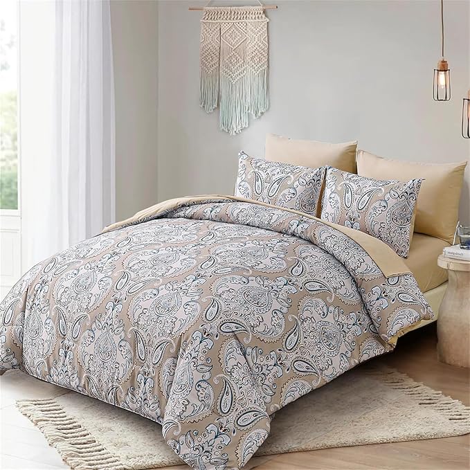 Yiran 7 Pieces Paisley Bedding Set Comforter Set Brown Boho Floral Bed in a Bag Microfiber Comforter Queen Size 90"×90"(1 Comforter,2 Pillowcases,2 Pillow Shams,1 Flat Sheet,1 Fitted Sheet)