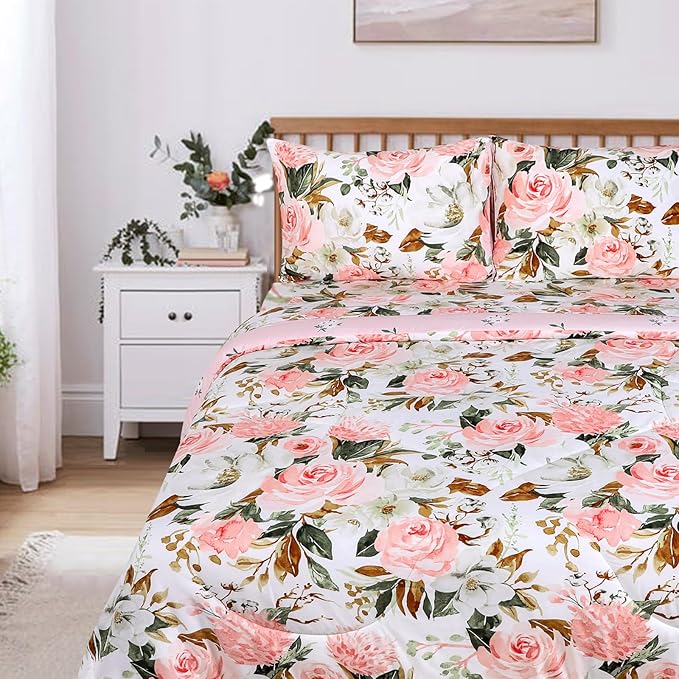 DILIMI Full Size Comforter Set for Girls, Reversible Comforter Full Size, 5 Pieces Ultra Soft Pink Floral Full Size Bed Comforter Sets with Sheet, Comforter, Flat Sheet, 2 Pillowcase