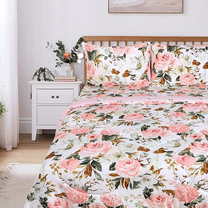 DILIMI Full Size Comforter Set for Girls, Reversible Comforter Full Size, 5 Pieces Ultra Soft Pink Floral Full Size Bed Comforter Sets with Sheet, Comforter, Flat Sheet, 2 Pillowcase