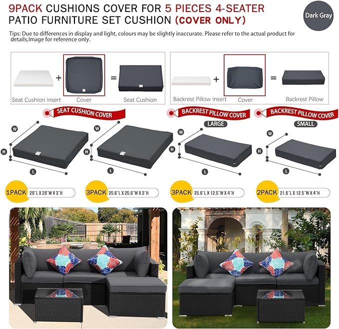 ClawsCover 9Pack Outdoor Seat and Back Cushions Replacement Covers Fit for 5 Pieces 4-Seater Wicker Rattan Patio Conversation Set Sectional Couch Furniture,Dark Gray-Include Covers Only (Large)