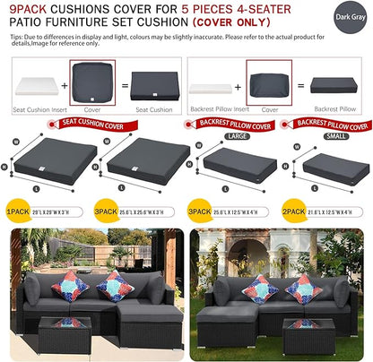 ClawsCover 9Pack Outdoor Seat and Back Cushions Replacement Covers Fit for 5 Pieces 4-Seater Wicker Rattan Patio Conversation Set Sectional Couch Furniture,Dark Gray-Include Covers Only (Large)