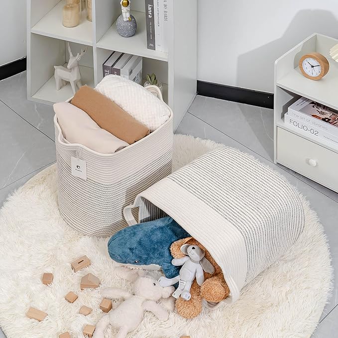 Hampers for Bins Large Blanket Basket,Storage Basket Rectangle Woven Baskets for Storage, Nursery Cotton Rope Basket Living Room, Toy Basket For Organizing, With Handle Dirty Clothes Basket