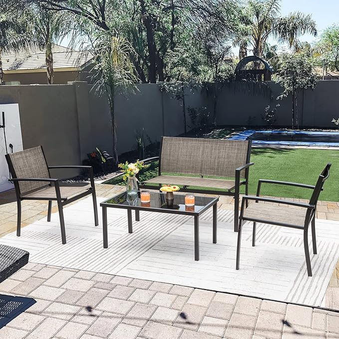 Greesum 4 Pieces Patio Furniture Set Outdoor Conversation Textilene Fabric Chairs for Lawn, Garden, Balcony, Poolside with A Glass Coffee Table, Brown