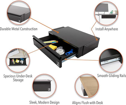 Stand Steady Attachable Under Desk Drawer | Pull-Out Storage Organizer with Smooth Sliding Tracks | Spacious Storage Drawer Easily Mounts to Desks and Workstations (Black / 17.5 x 11.5)