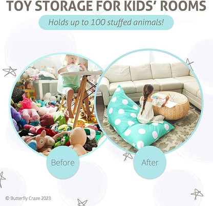 Butterfly Craze Bean Bag Chair Cover, Functional Toddler Toy Organizer, Fill with Stuffed Animals to Create a Jumbo, Comfy Floor Lounger for Boys or Girls, Stuffing Not Included, Aqua Polka Dots