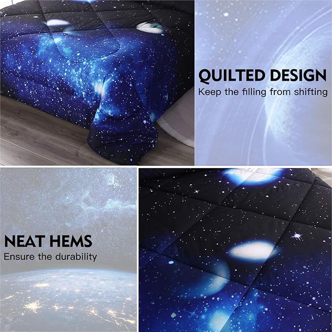 Litanika 3D Galaxy Comforter Full(79x90lnch), 3 Pieces(1 Galaxy Comforter, 2 Pillowcases) Universe Outer Space Bedding Set, Microfiber Comforter Set for Kid Boy Girl Teen