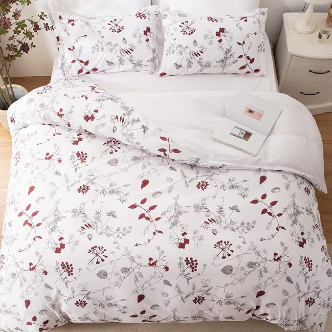 EMME Queen Comforter Set - Red Floral Bedding Set 7 PCS with Flowers Leaves Pattern, Soft Plant Printed Botanical Bed Set with Sheets, Fluffy Bed Bag for All Season(90"X90")