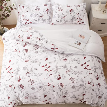 EMME Twin Comforter Set - Red Floral Bedding Set 5 PCS with Flowers Leaves Pattern, Soft Plant Printed Botanical Bed Set with Sheets, Fluffy Bed Bag for All Season(68"X90")