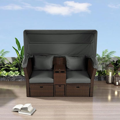 2-Seater Outdoor Patio Convertible Sunbed, All Weather Rattan Double Daybed Couch Foldable Awning, Cushions and Storage Boxes, Loveseat Sofa Set for Garden, Poolside, Balcony, Ab-Aa-Grey