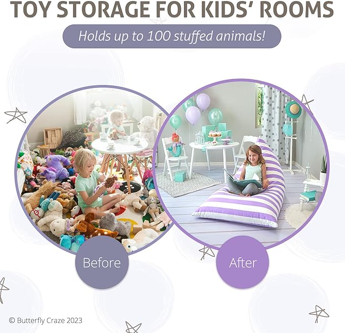 Butterfly Craze Bean Bag Chair Cover, Functional Toddler Toy Organizer, Fill with Stuffed Animals to Create a Jumbo, Comfy Floor Lounger for Boys or Girls, Stuffing Not Included, Purple Stripes