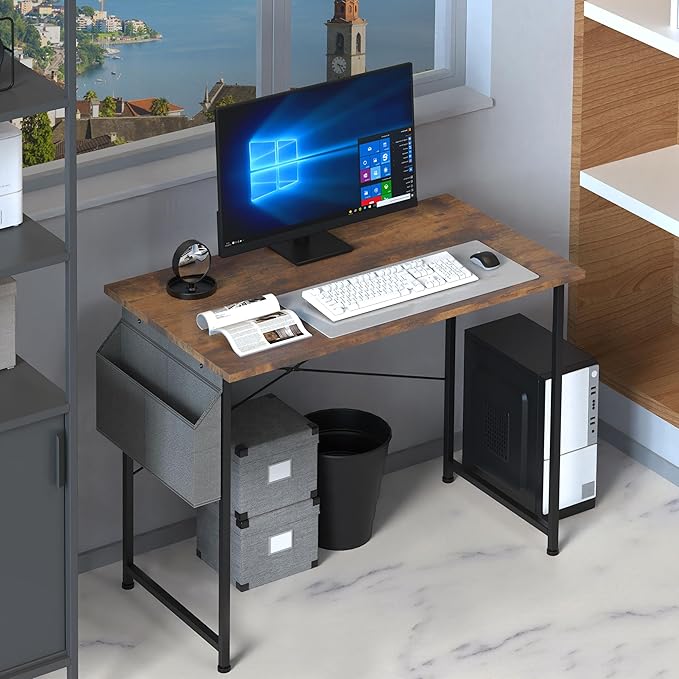 HealSmart 40 Inch Computer Desk Home Writing Study Worktable with Storage Bag for Bedroom, Office, Apartment, Brown