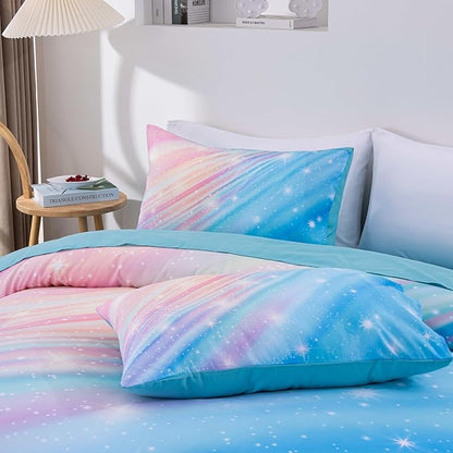 Btargot Super Soft 6 Pieces Gradient Star Ring Comforter Set, Colorful Glitter Rainbow Star Pattern Bedding Set for Boys Girls Teens, Full Light Blue