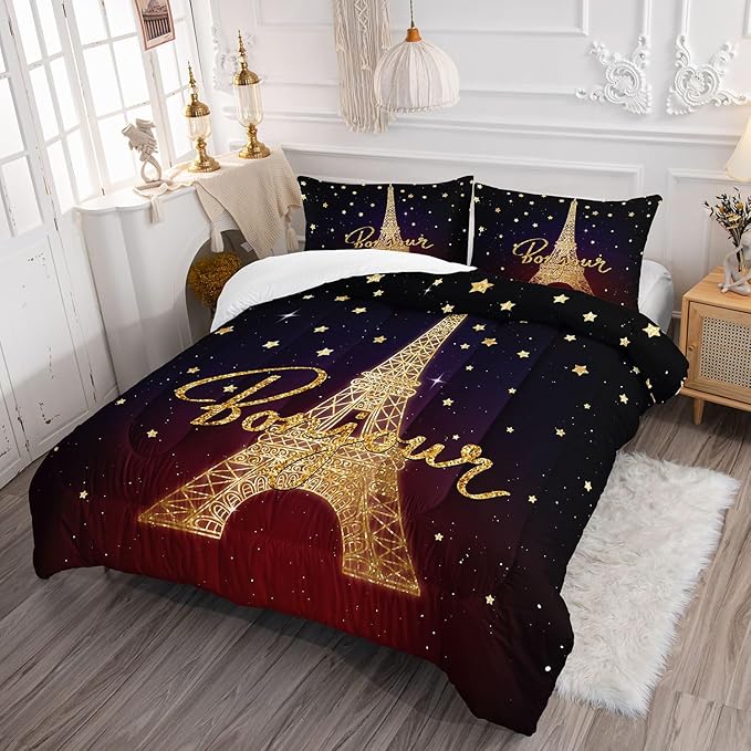 Datura home Kids Comforter Set Eiffel Tower Printed Pattern Bedding Set with 1 Comforter and 2 Pillowcases for Girls Boys Bedroom All Season(Tower Queen)