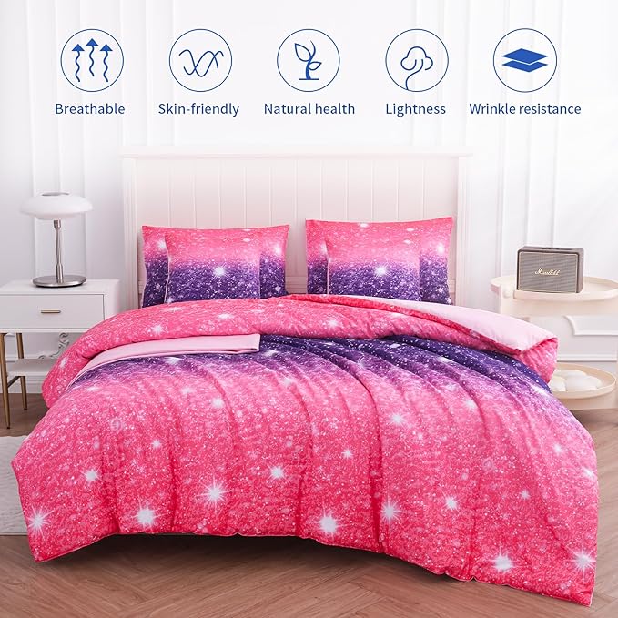 Full Size Bedding Sets Kids Bedding Sets for Girls,Galaxy Bedding 7pieces Glitter Pink Comforter Colorful Comforter Full Size Comforter Sets for Teen Girls(Purple)