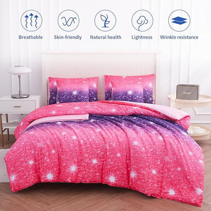 Full Size Bedding Sets Kids Bedding Sets for Girls,Galaxy Bedding 7pieces Glitter Pink Comforter Colorful Comforter Full Size Comforter Sets for Teen Girls(Purple)
