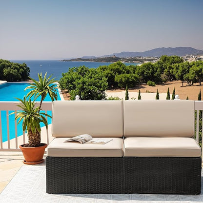 Greesum 2 Piece Patio Conversation Set Wicker Rattan Furniture Outdoor Sofa with Cushions,Pillows and Glass Table for Porch,Lawn and Yard, Beige