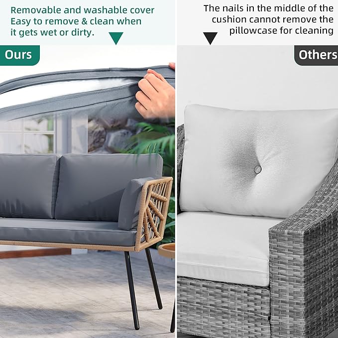 YITAHOME Wicker Outdoor Loveseat, All-Weather Patio Sofa for Balcony, Backyard, Pool, Porch, Deck, Outdoor Sectional Furniture Set with Table & Cushions - Grey