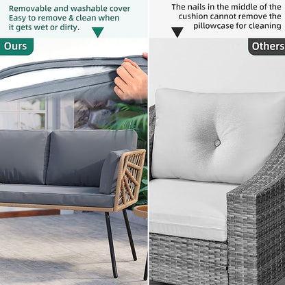 YITAHOME Wicker Outdoor Loveseat, All-Weather Patio Sofa for Balcony, Backyard, Pool, Porch, Deck, Outdoor Sectional Furniture Set with Table & Cushions - Grey
