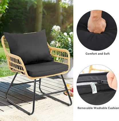 YITAHOME 4-Piece Patio Furniture Wicker Outdoor Bistro Set, All-Weather Rattan Conversation Loveseat Chairs for Backyard, Balcony and Deck with Soft Cushions and Metal Table (Light Brown+black)