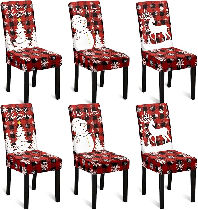 U'Artlines Christmas Chair Covers Set of 6, Removable Washable Merry Christmas Dining Chair Seat Covers Stretch Protector Slipcovers for Dining Room Kitchen Holiday Party Decor, Red Buffalo Plaid