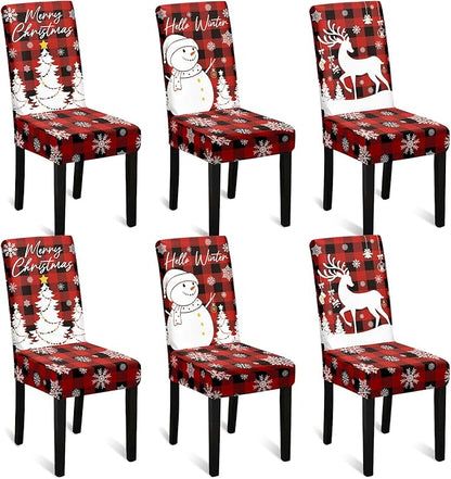 U'Artlines Christmas Chair Covers Set of 6, Removable Washable Merry Christmas Dining Chair Seat Covers Stretch Protector Slipcovers for Dining Room Kitchen Holiday Party Decor, Red Buffalo Plaid
