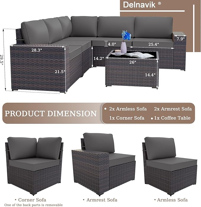 Patio Furniture Set Sofa 6-Piece Wicker PE Rattan Sectional Sofa Set, Outdoor Furniture Patio Conversation Set with Glass Coffee Table, Grey