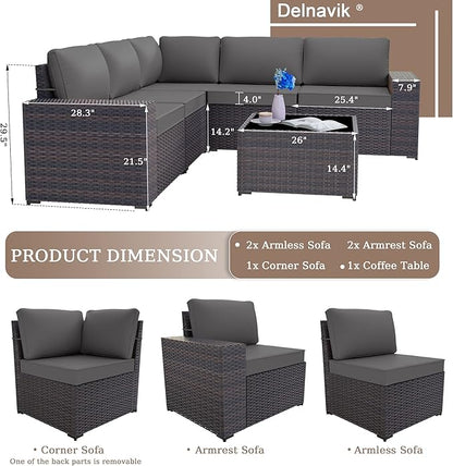Patio Furniture Set Sofa 6-Piece Wicker PE Rattan Sectional Sofa Set, Outdoor Furniture Patio Conversation Set with Glass Coffee Table, Grey