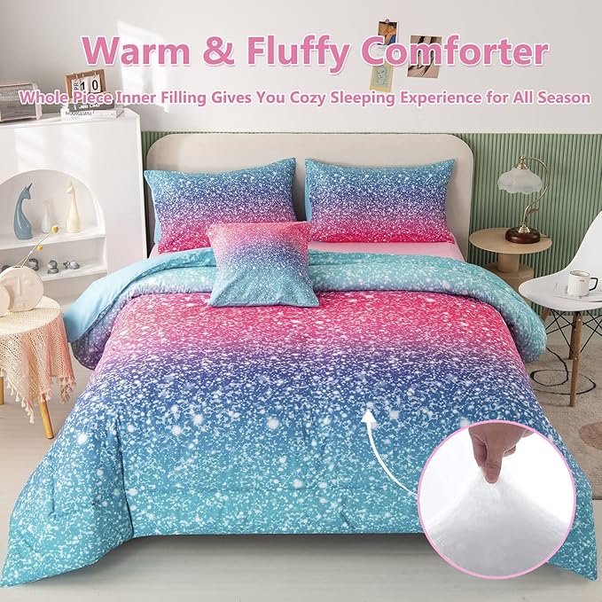 PERFEMET Girls Comforter Set Twin Size 6 Piece Bed in A Bag 3D Colorful Rainbow Bedding Comforter Sheet Set for Kids - (1 Comforter, 1 Flat Sheet, 1 Fitted Sheet, 2 Pillowcases, 1 Cushion Cover)