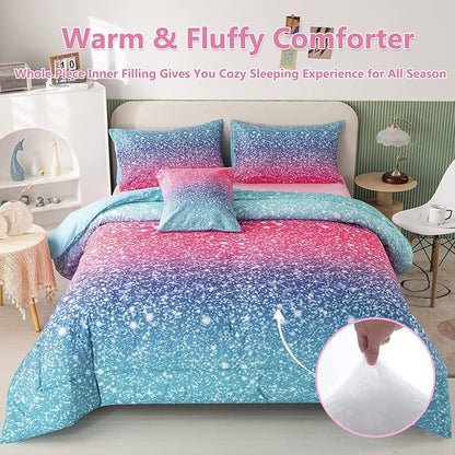 PERFEMET 6Pcs Pink Full Size Comforter Sets for Girls Colorful Rainbow Glitter Kids Bedding Set Sparkly Pastel Ombre Teen Girl Bed in A Bag Comforter Set with Sheets (Pink Blue, Full)