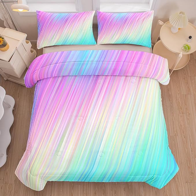 Bodhi pink queen comforter set,comforter set for girls,tie dye bedding set for kids,kids girls bedding sets,queen comforter sets for girls,3PCS rainbow bedding set with pillowcase